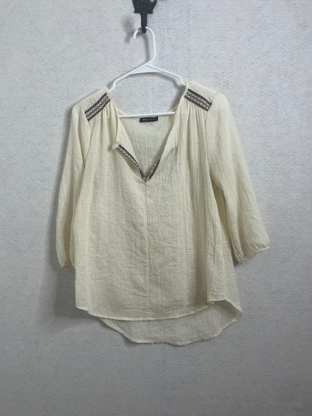 Jella Couture Cream Boho Embroidered Blouse 3/4 Sleeve Textured Top Size Medium